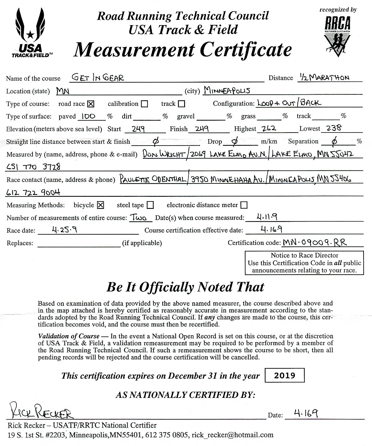 Measurement Certificate MN 09009 RR